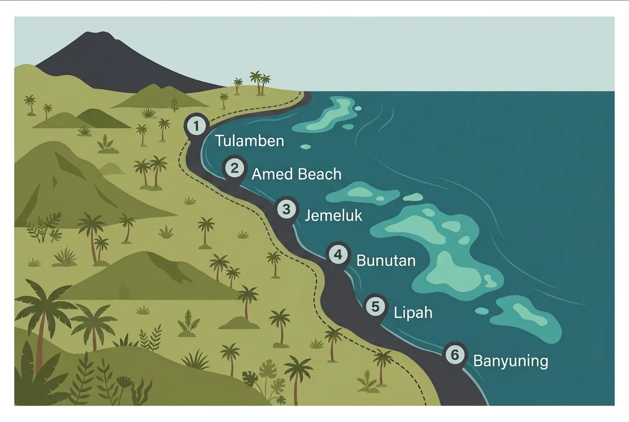 Carte illustrée de la côte d'Amed à Bali situant du nord au sud Tulamben, Amed Beach, Jemeluk, Bunutan, Lipah et Banyuning le long des plages de sable volcanique noir