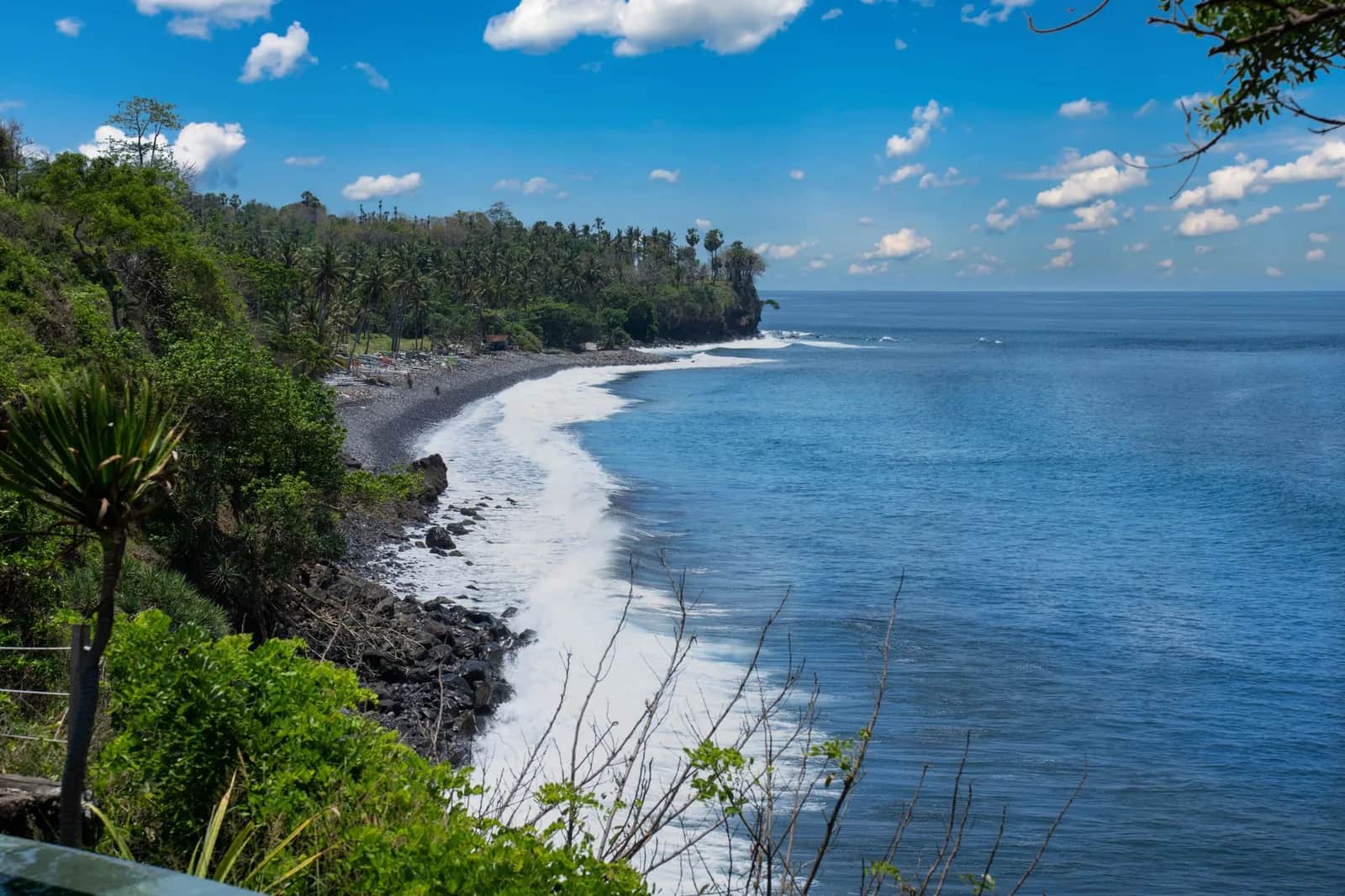 Plage de galets noirs bordée de cocotiers et bateaux de pêche alignés sur le rivage, sur la côte nord-est de Bali près d'Amed