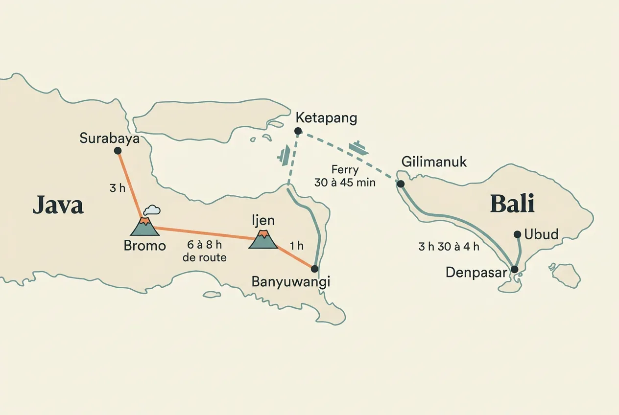 Carte du trajet de Bali au Bromo : route jusqu'à Gilimanuk, ferry vers Ketapang, cratère de l'Ijen puis mont Bromo