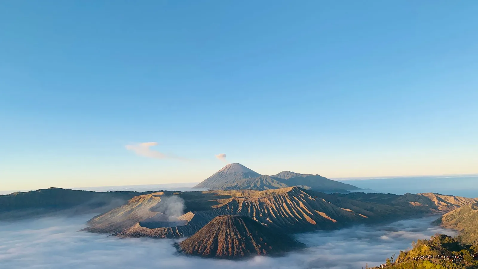 Vue depuis le point de vue du Penanjakan sur le Bromo fumant, le Batok et le Semeru à l'horizon au lever du jour