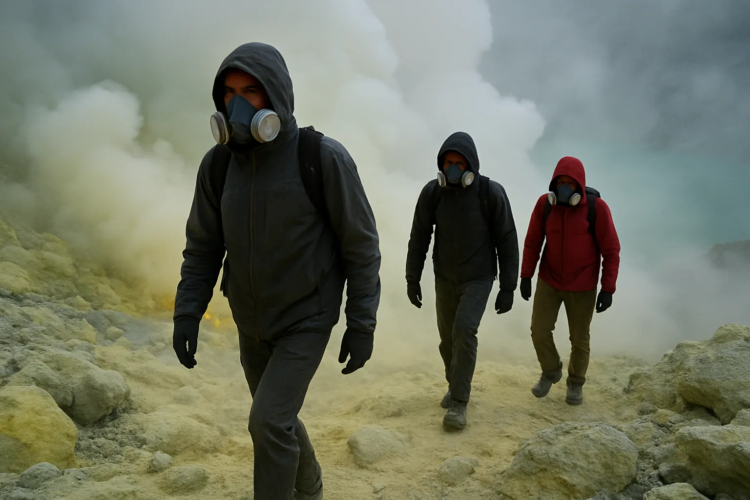 Randonneurs équipés de masques à gaz dans les fumées de soufre du cratère de l'Ijen