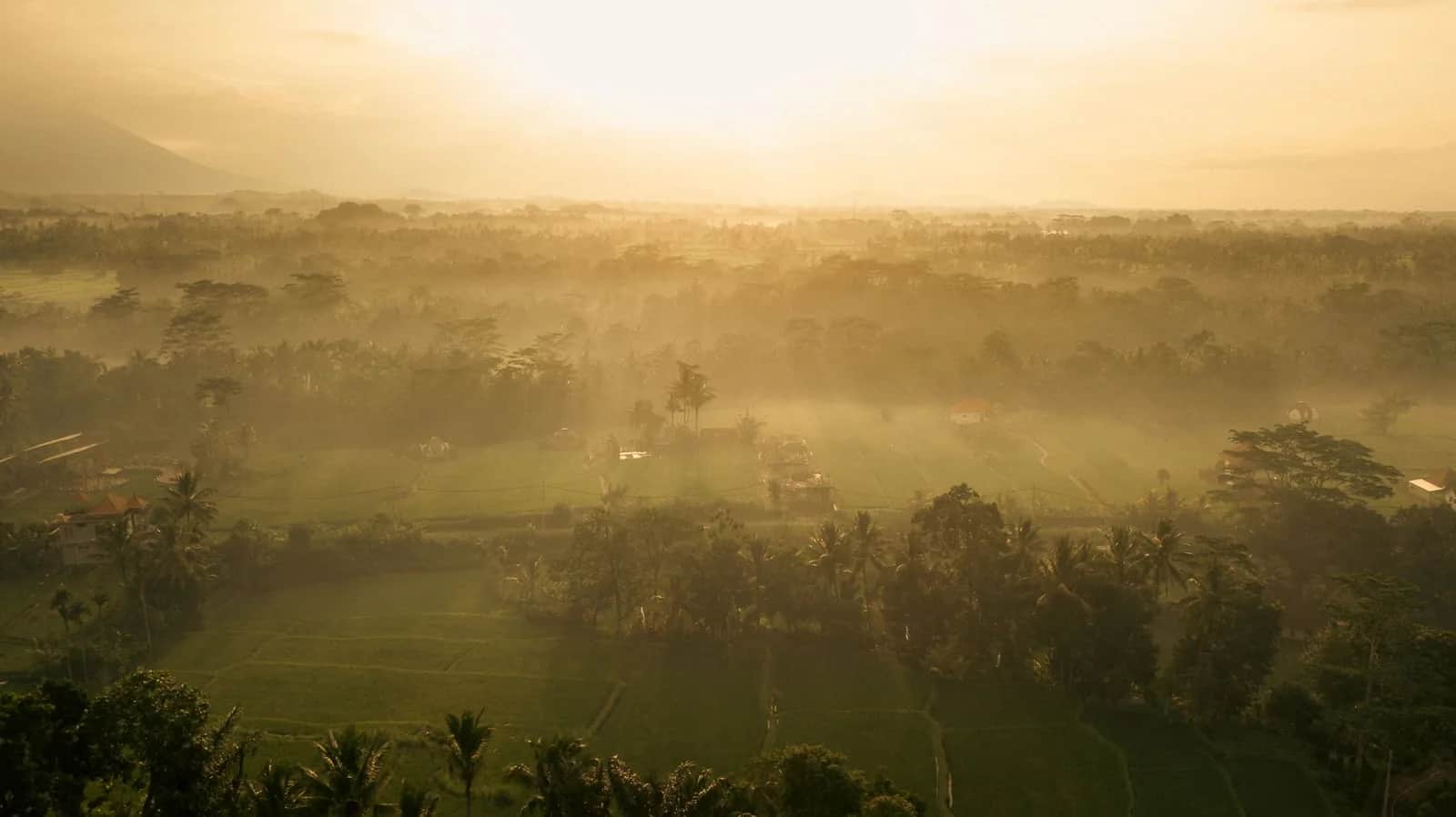 Lever du soleil sur les rizières et les villages du centre de Bali, dans la brume du matin
