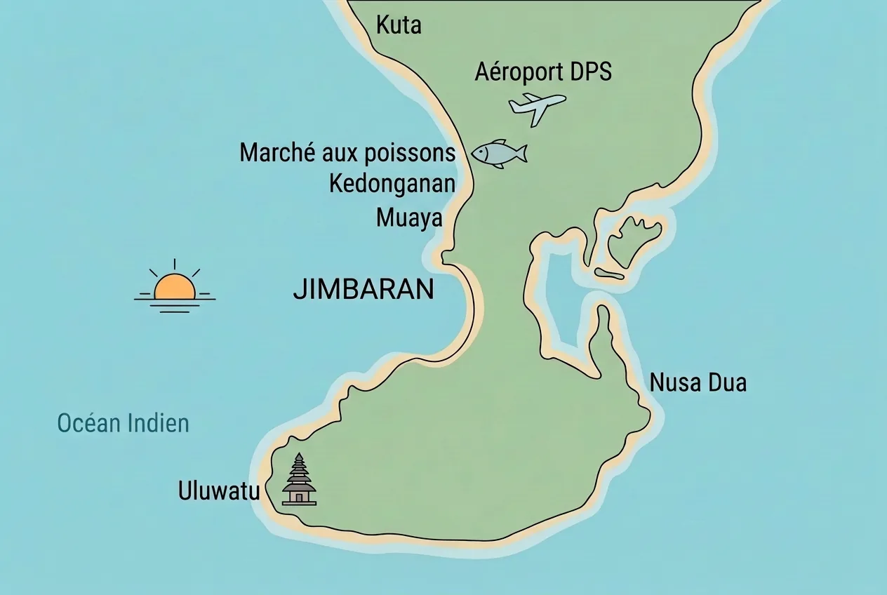 Carte de la baie de Jimbaran et de la péninsule du Bukit au sud de Bali, situant Muaya, Kedonganan et son marché aux poissons, l'aéroport de Denpasar, Kuta, Nusa Dua et Uluwatu