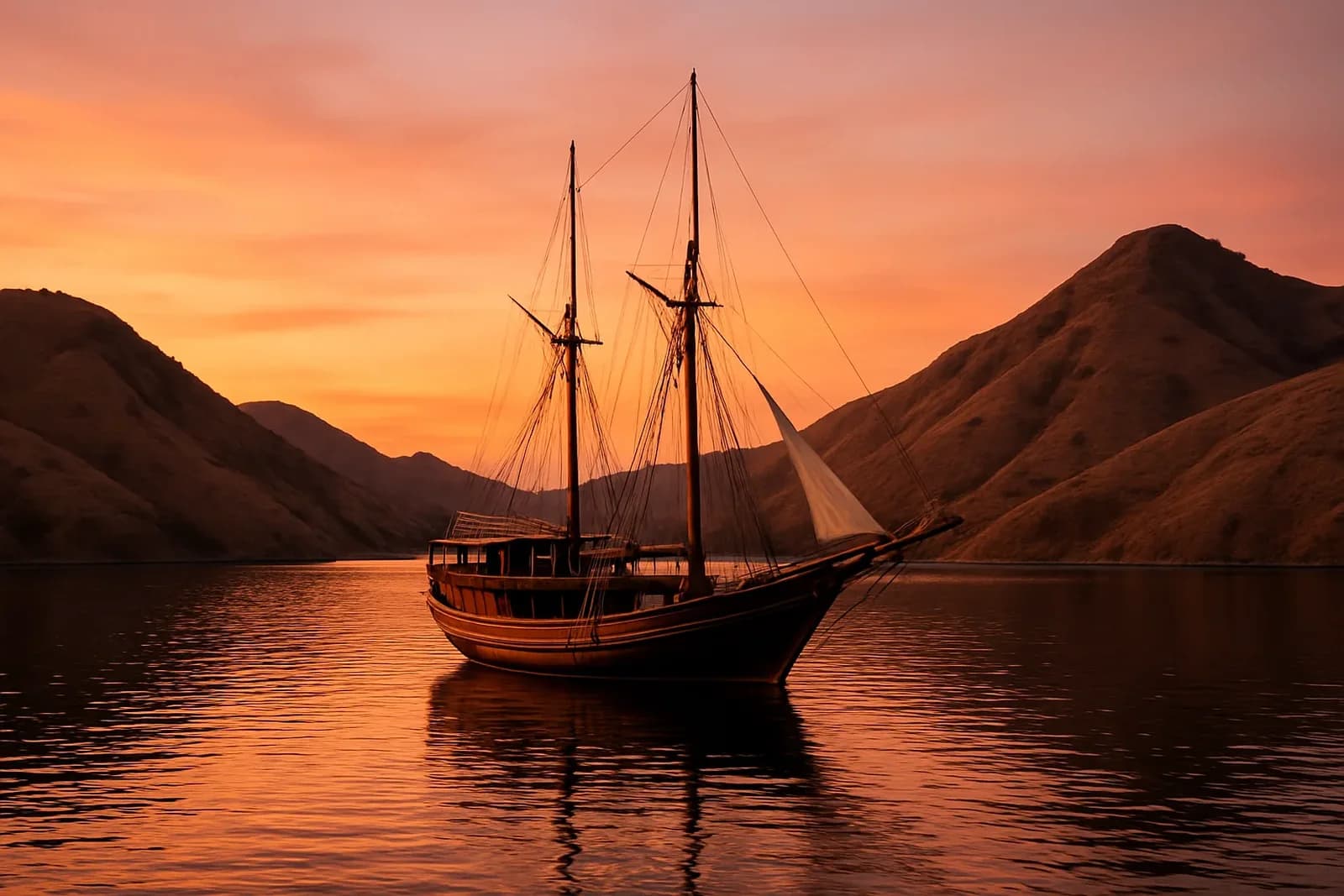 Phinisi à deux mâts au coucher du soleil entre les collines des îles de Komodo