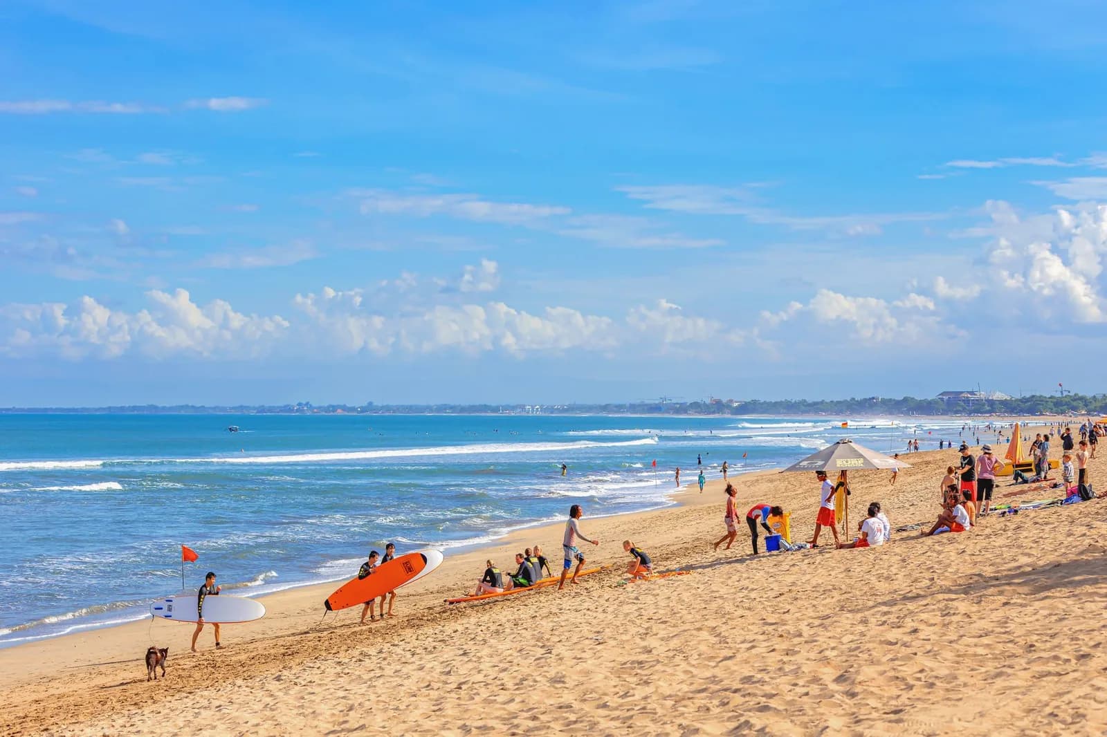 Écoles de surf installées sur la plage de Kuta à Bali, planches en mousse posées sur le sable, sauveteur et drapeaux plantés au bord de l'eau