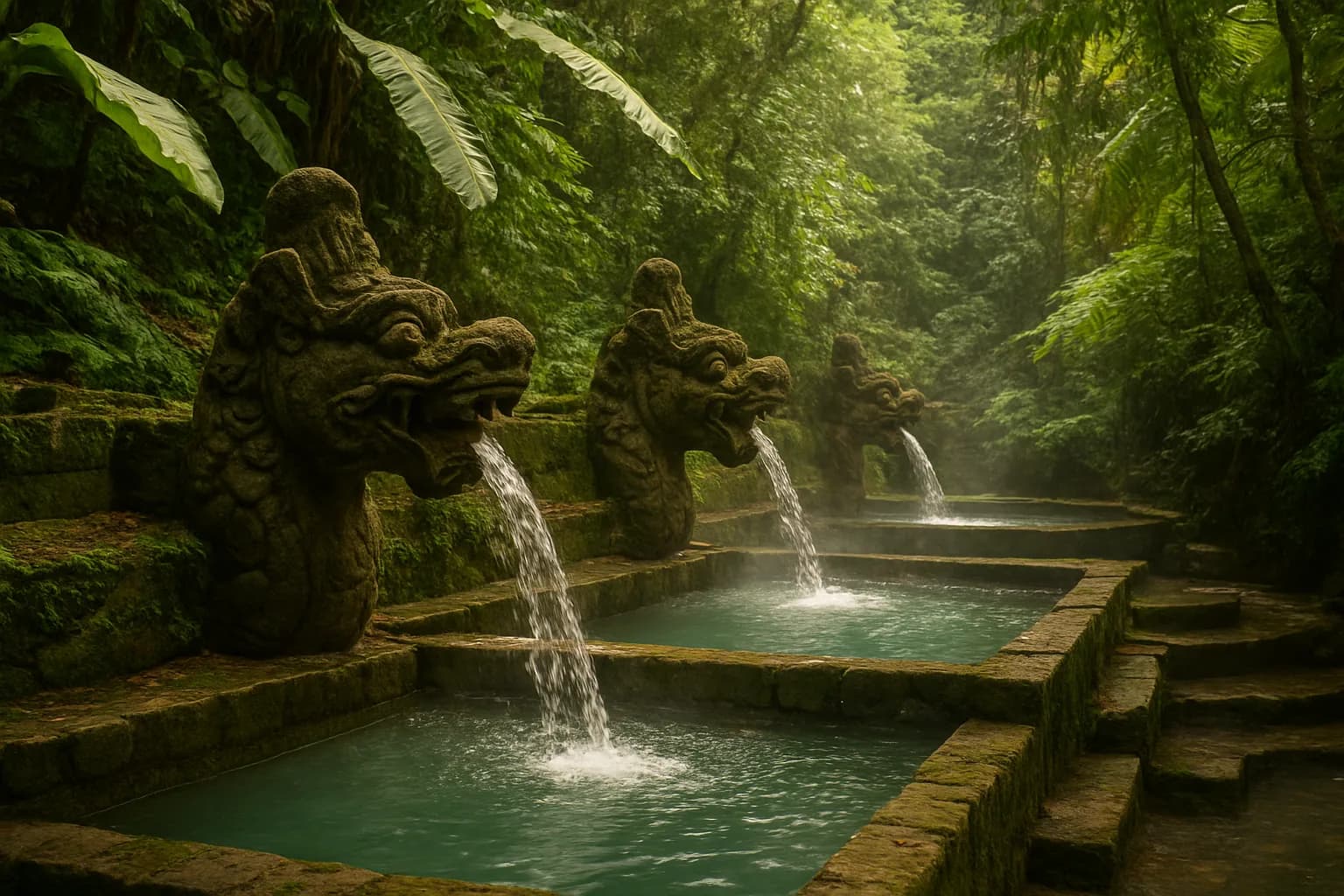 Bassins de pierre étagés alimentés par des gargouilles naga sculptées sous la jungle, comme aux sources chaudes de Banjar