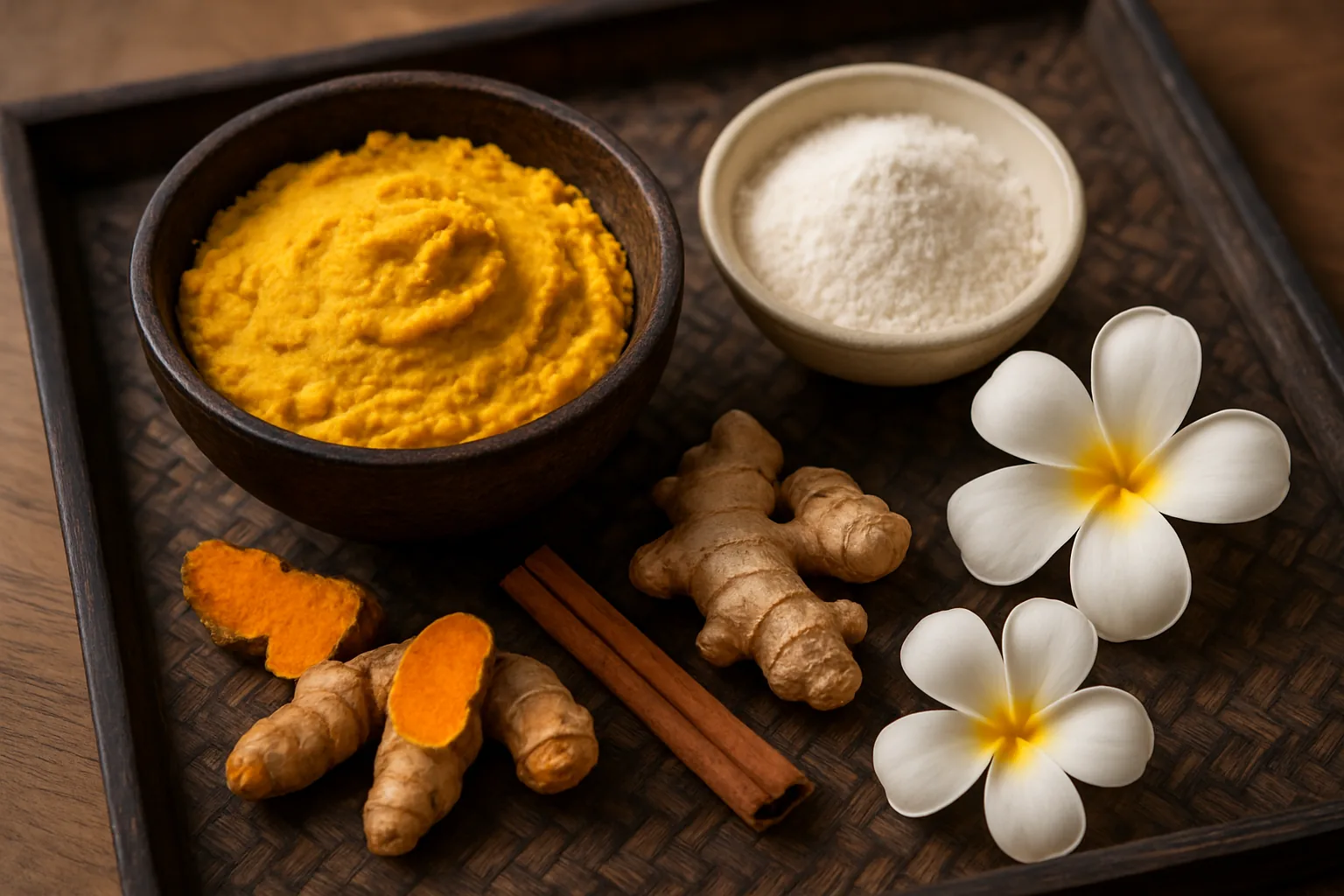 Plateau de spa avec un bol de pâte de gommage lulur au curcuma, un bol de poudre de riz, du gingembre frais et des fleurs de frangipanier, Bali