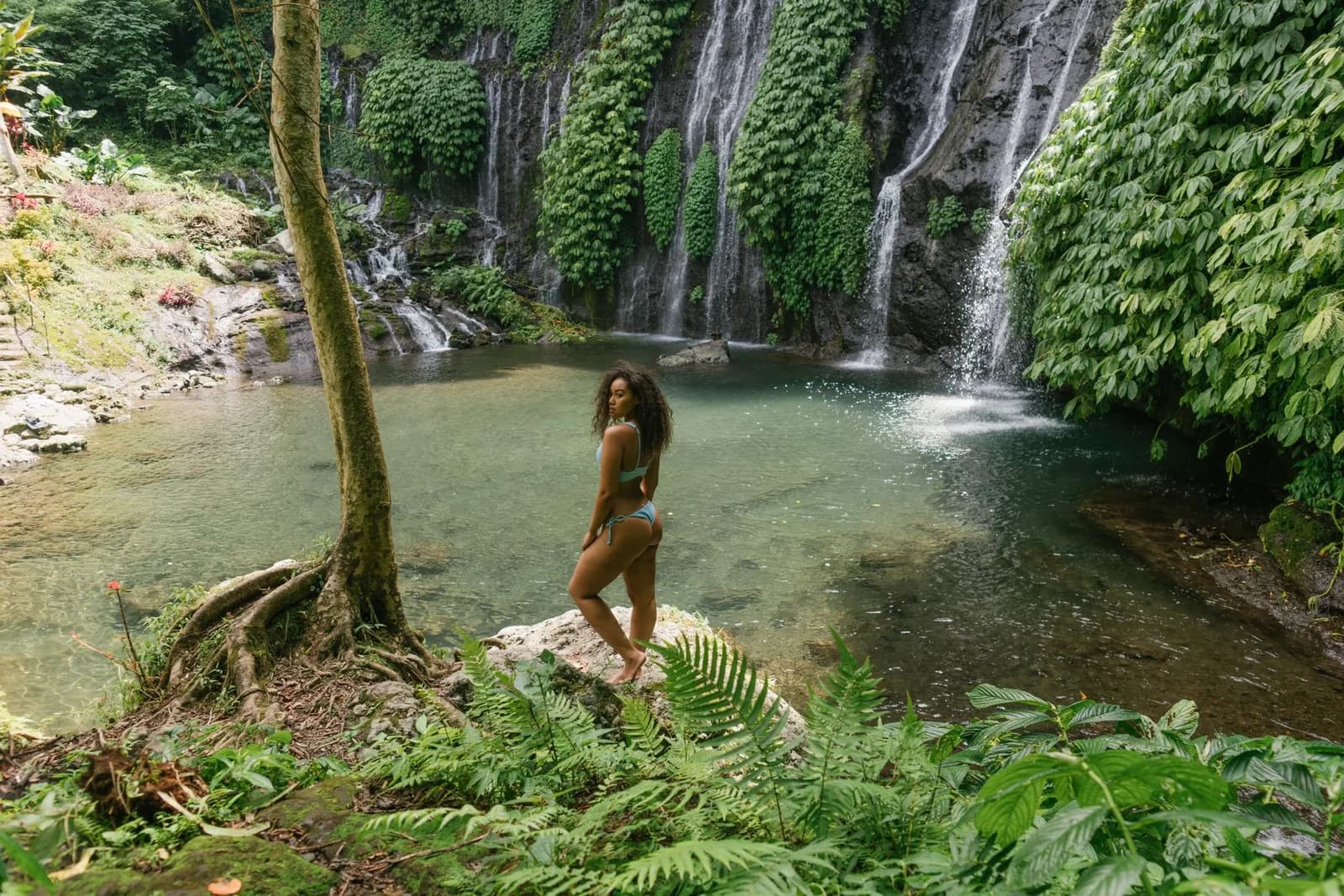 Chutes d'eau et bassin vert dans la jungle du nord de Bali