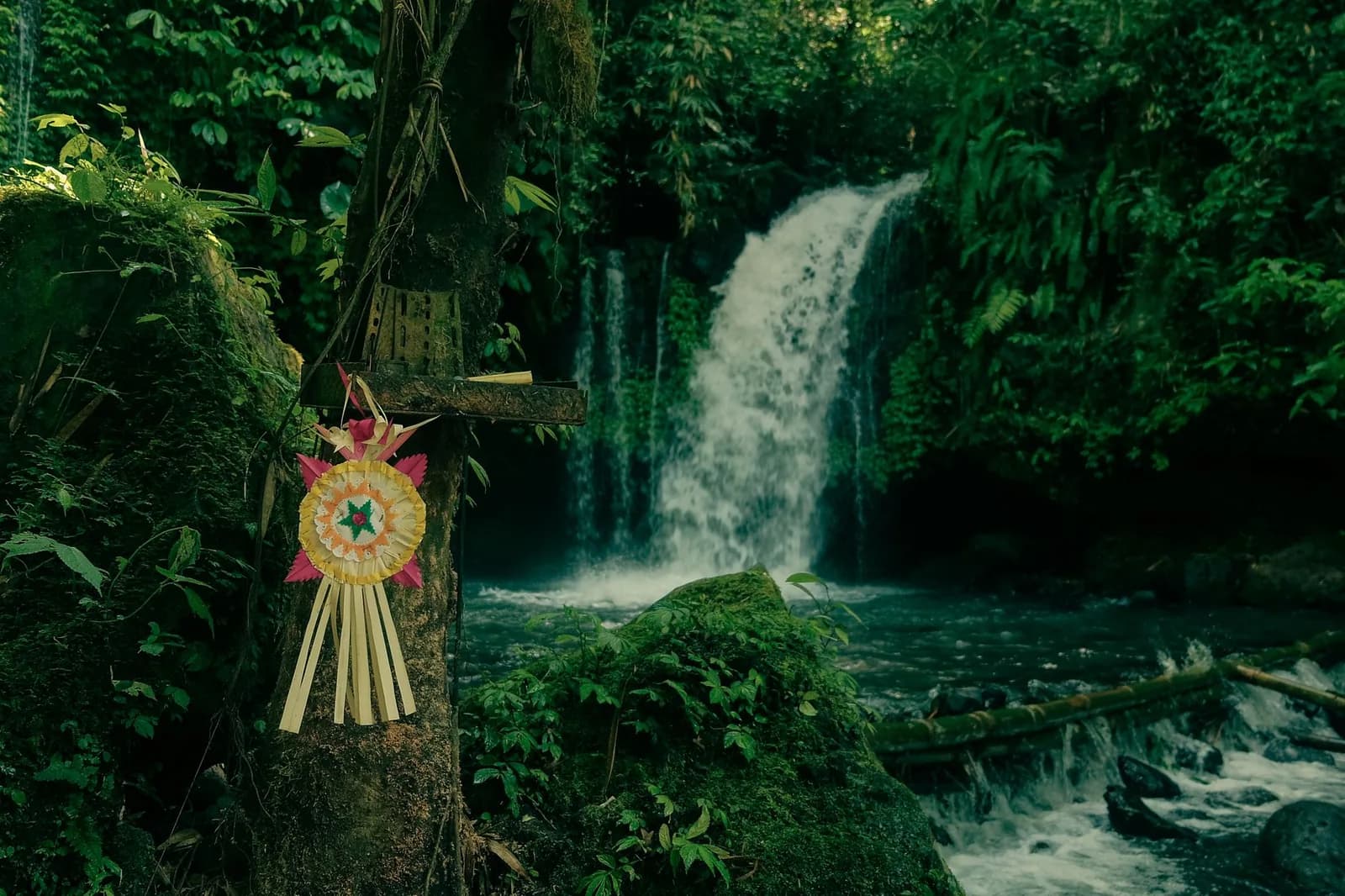 Cascade dans la jungle du nord de Bali, avec une offrande balinaise sur un arbre
