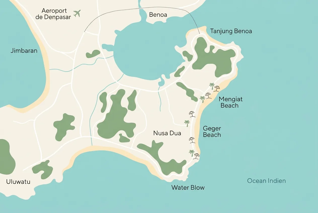 Carte de Nusa Dua et de la presqu'île de Tanjung Benoa au sud de Bali, situant Mengiat Beach, Geger Beach, le Water Blow, la baie de Benoa, l'aéroport de Denpasar, Jimbaran et Uluwatu