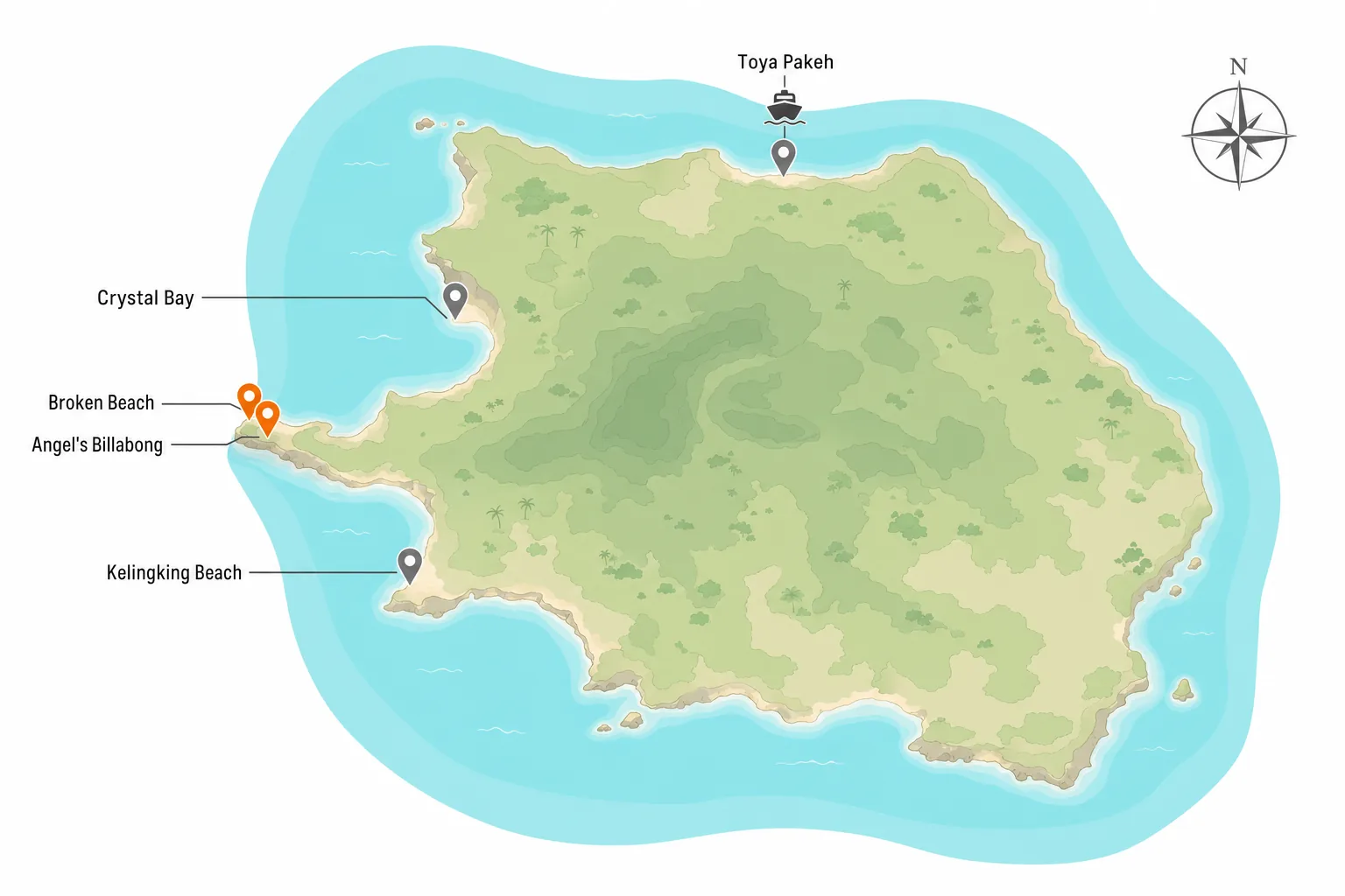 Carte de Nusa Penida situant Broken Beach et Angel's Billabong sur la pointe ouest, avec Kelingking Beach, Crystal Bay et le port de Toya Pakeh
