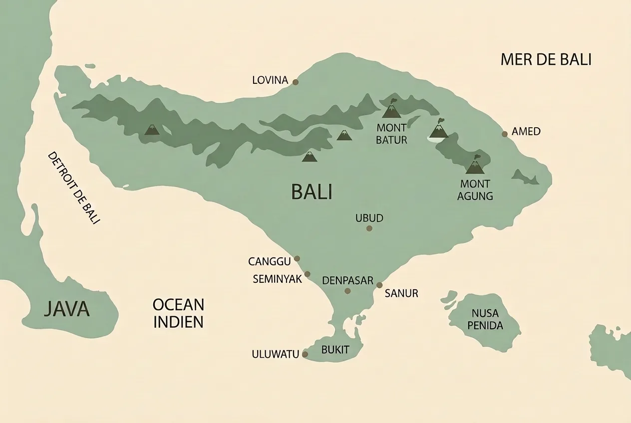 Carte de l'île de Bali avec Denpasar, Ubud, Uluwatu, les monts Agung et Batur et Nusa Penida