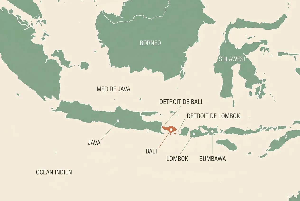 Carte de l'Indonésie et de l'Asie du Sud-Est situant Bali entre les îles de Java et de Lombok
