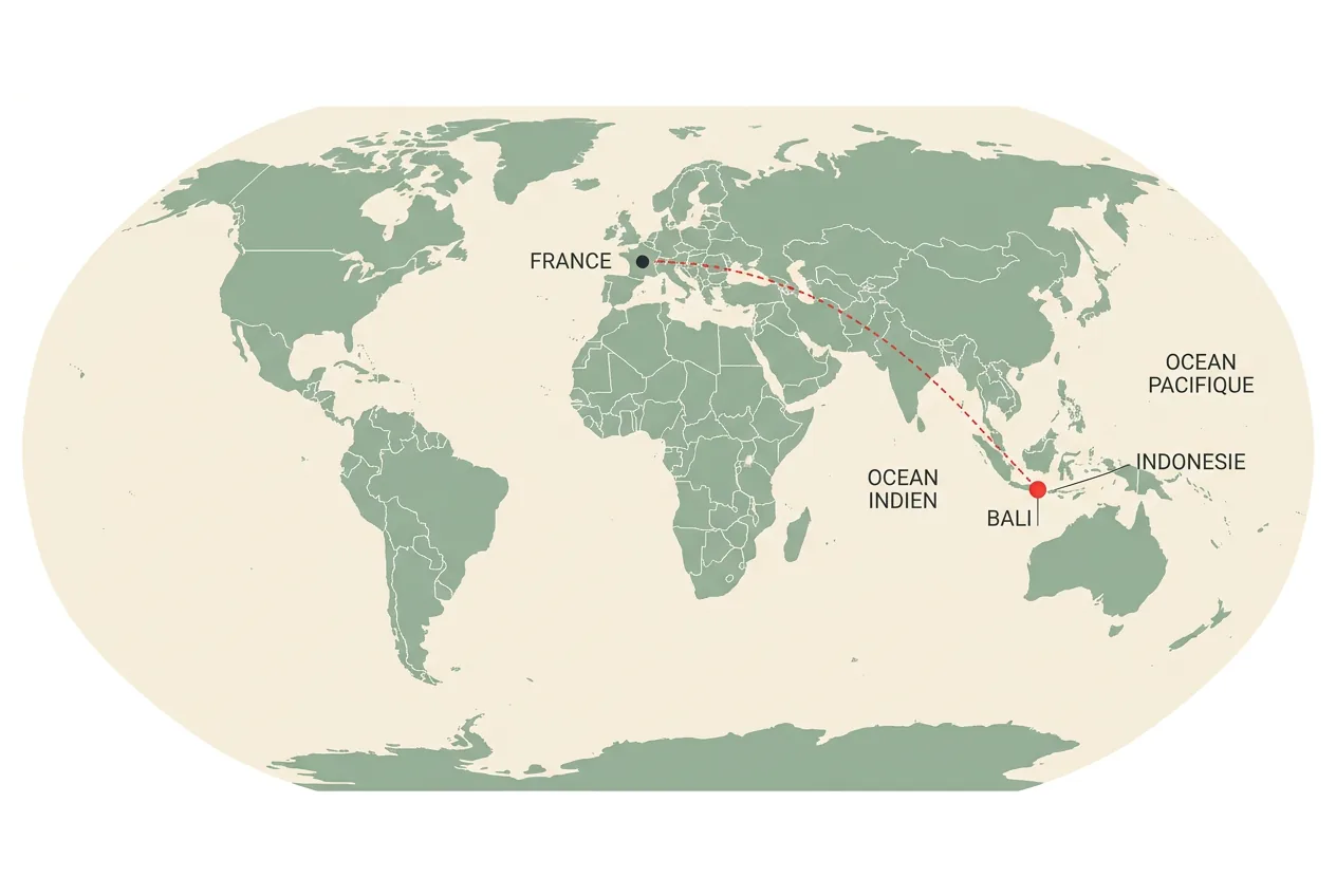 Carte du monde montrant la position de Bali en Indonésie, en Asie du Sud-Est, par rapport à la France