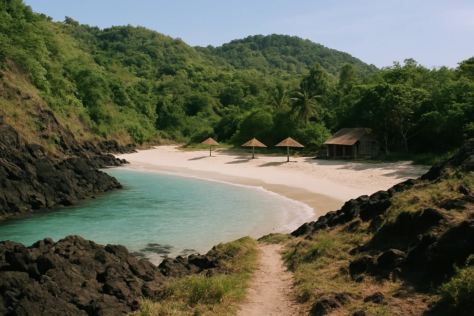 Petite crique de sable blanc encadrée de rochers volcaniques sombres, avec des parasols de paille et un warung au bord de la végétation, sur la côte est de Bali près de Padang Bai