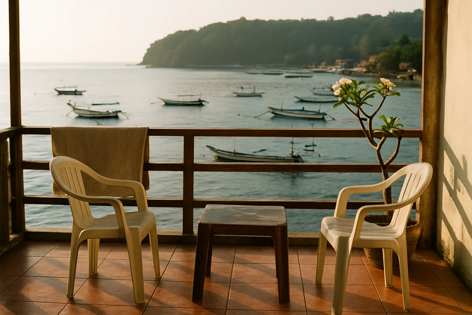 Terrasse carrelée d'une petite guesthouse avec deux chaises et une table basse, face à une baie où mouillent des bateaux de pêche à balancier, sur la côte est de Bali