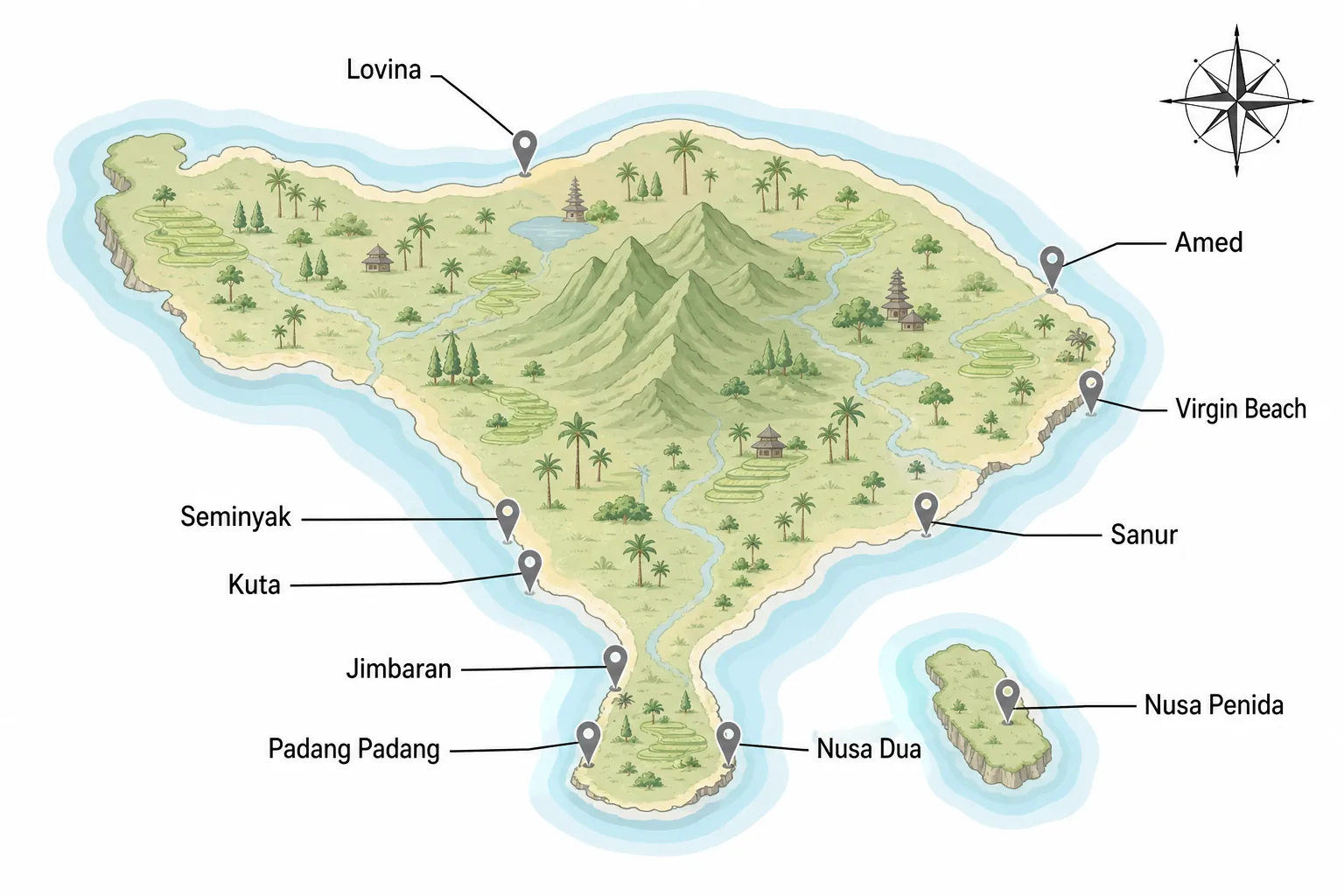 Carte de Bali situant les principales plages par zone : Lovina au nord, Amed et Virgin Beach à l'est, Sanur au sud-est, Seminyak, Kuta et Jimbaran au sud-ouest, Padang Padang et Nusa Dua sur la péninsule du Bukit, et Nusa Penida au large