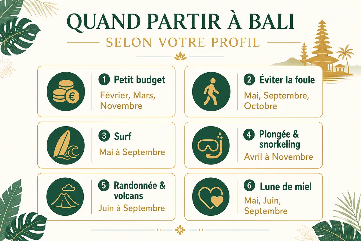 Quand partir à Bali selon votre profil : petit budget, éviter la foule, surf, plongée, randonnée et lune de miel