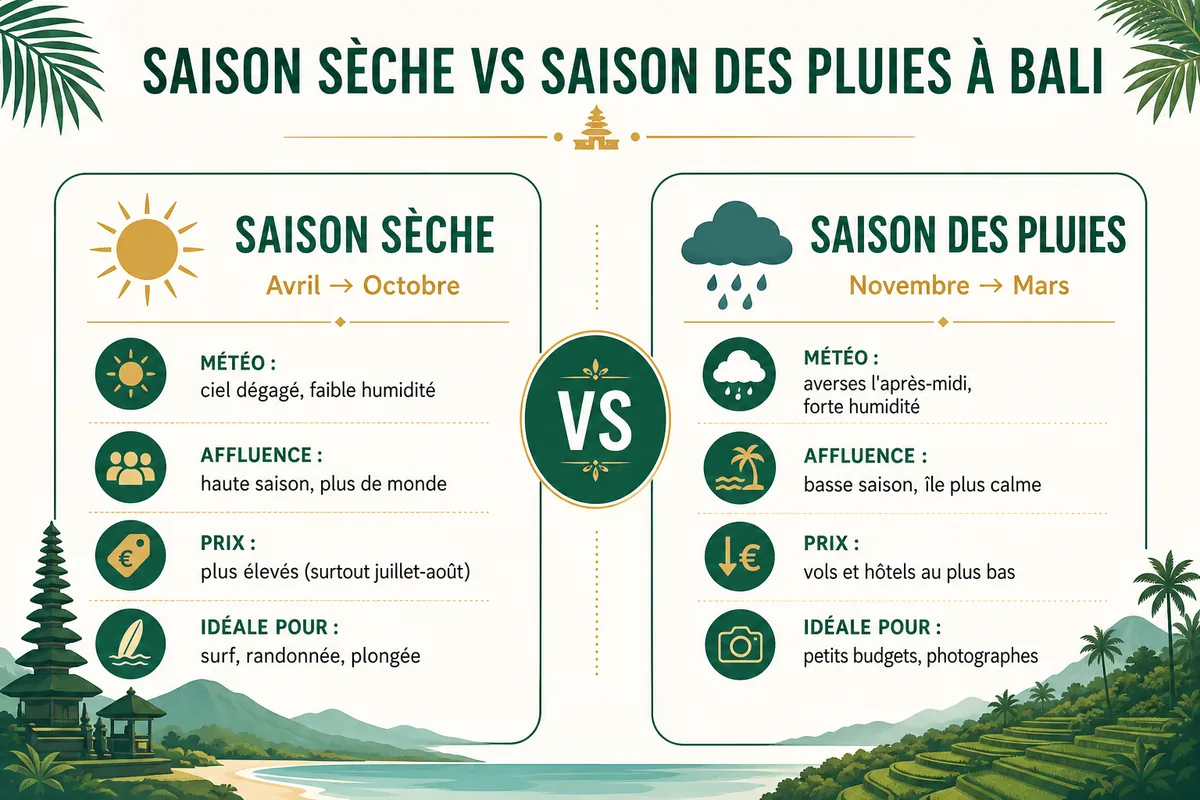 Comparatif saison sèche (avril à octobre) et saison des pluies (novembre à mars) à Bali : météo, affluence, prix et activités idéales