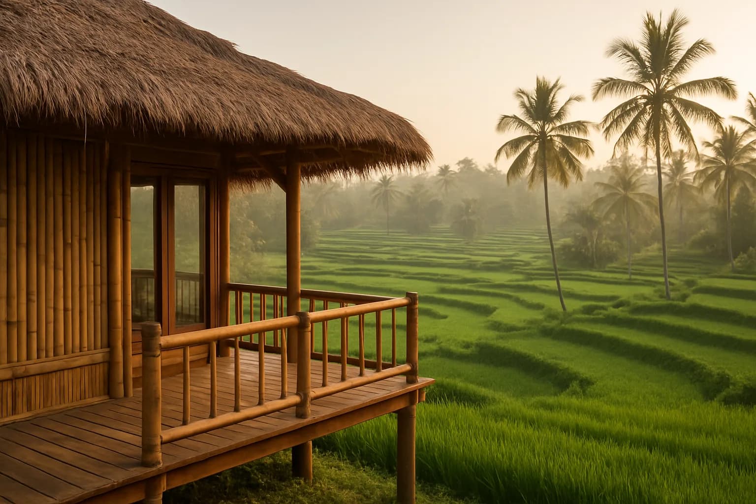 Bungalow en bambou et toit de chaume avec terrasse face aux rizières en terrasses, Bali