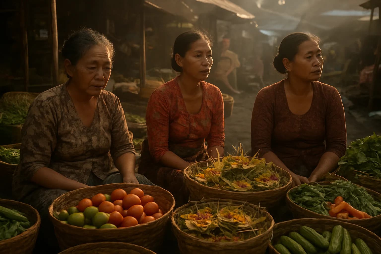 Vendeuses d'un marché matinal balinais derrière leurs paniers de fruits, légumes et offrandes