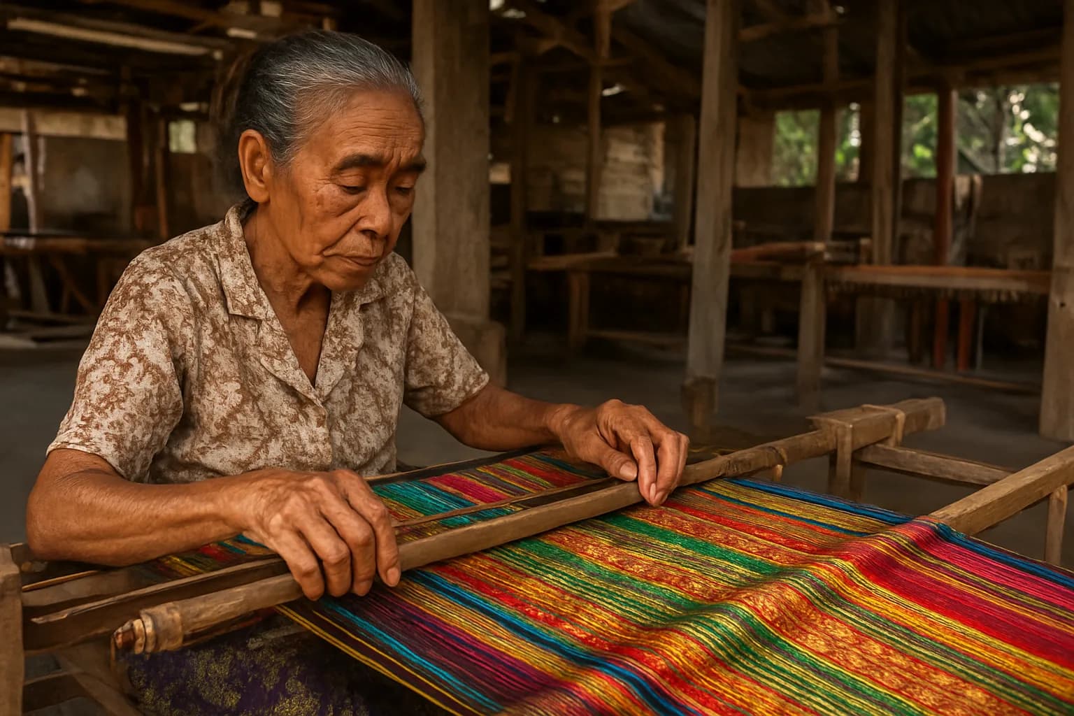 Tisserande balinaise travaillant un tissu songket aux fils colorés sur un métier à tisser traditionnel