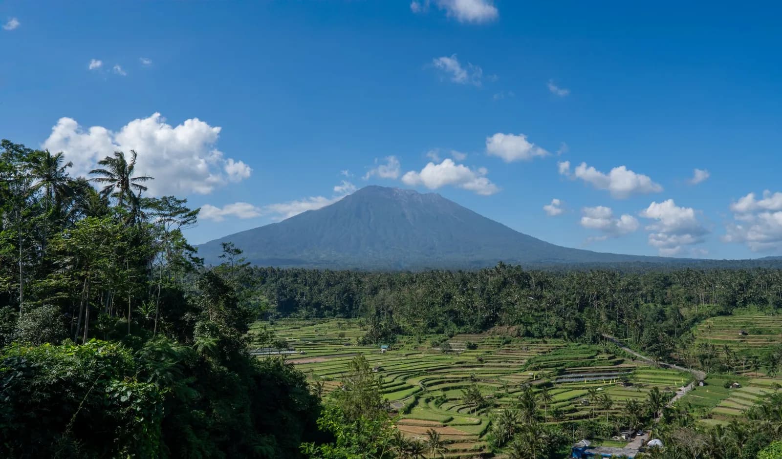 Le mont Agung dominant les rizières en terrasses de l'est de Bali, près de Sidemen