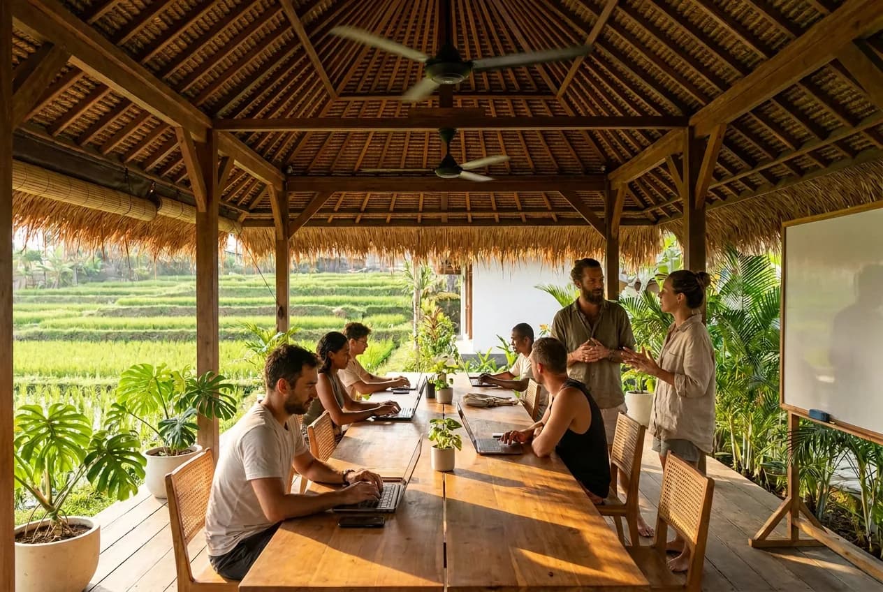 Espace de coworking ouvert sur les rizières à Canggu, à Bali