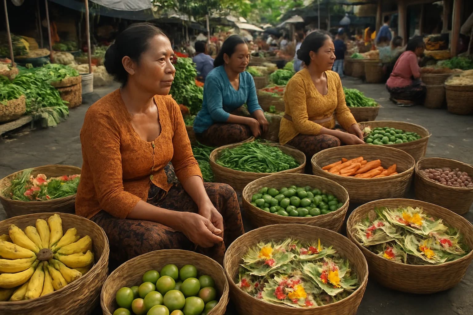 Vendeuses balinaises derrière leurs paniers de légumes et d'offrandes sur un pasar à Bali