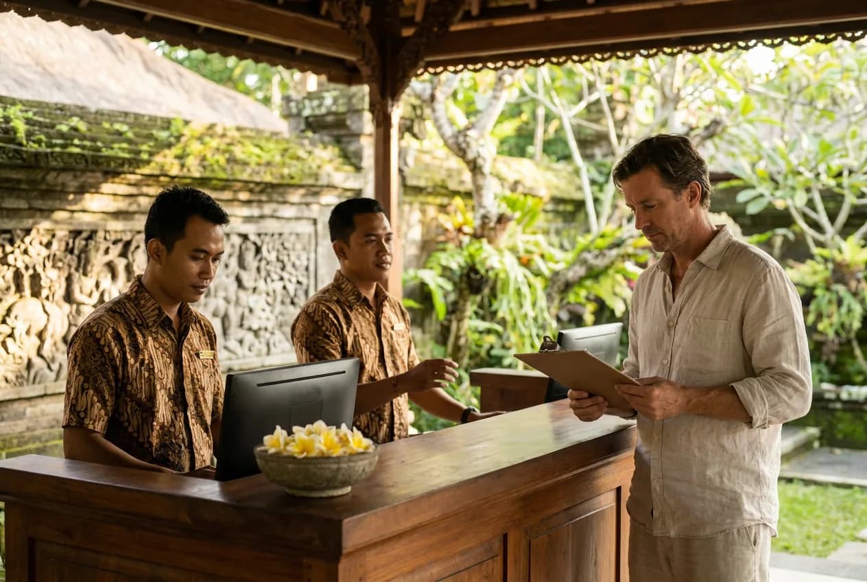 Personnel indonésien et responsable étranger à la réception d'un hôtel à Bali