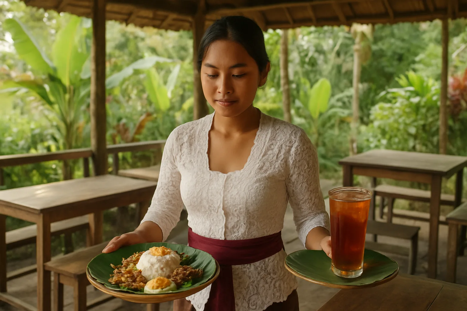 Serveuse balinaise en kebaya apportant un nasi campur dans un warung à Ubud