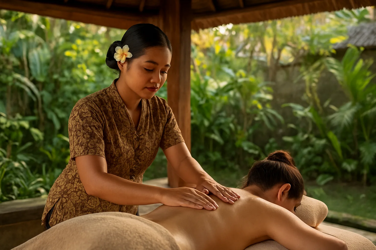 Thérapeute balinaise réalisant un massage du dos dans un pavillon de spa à Ubud