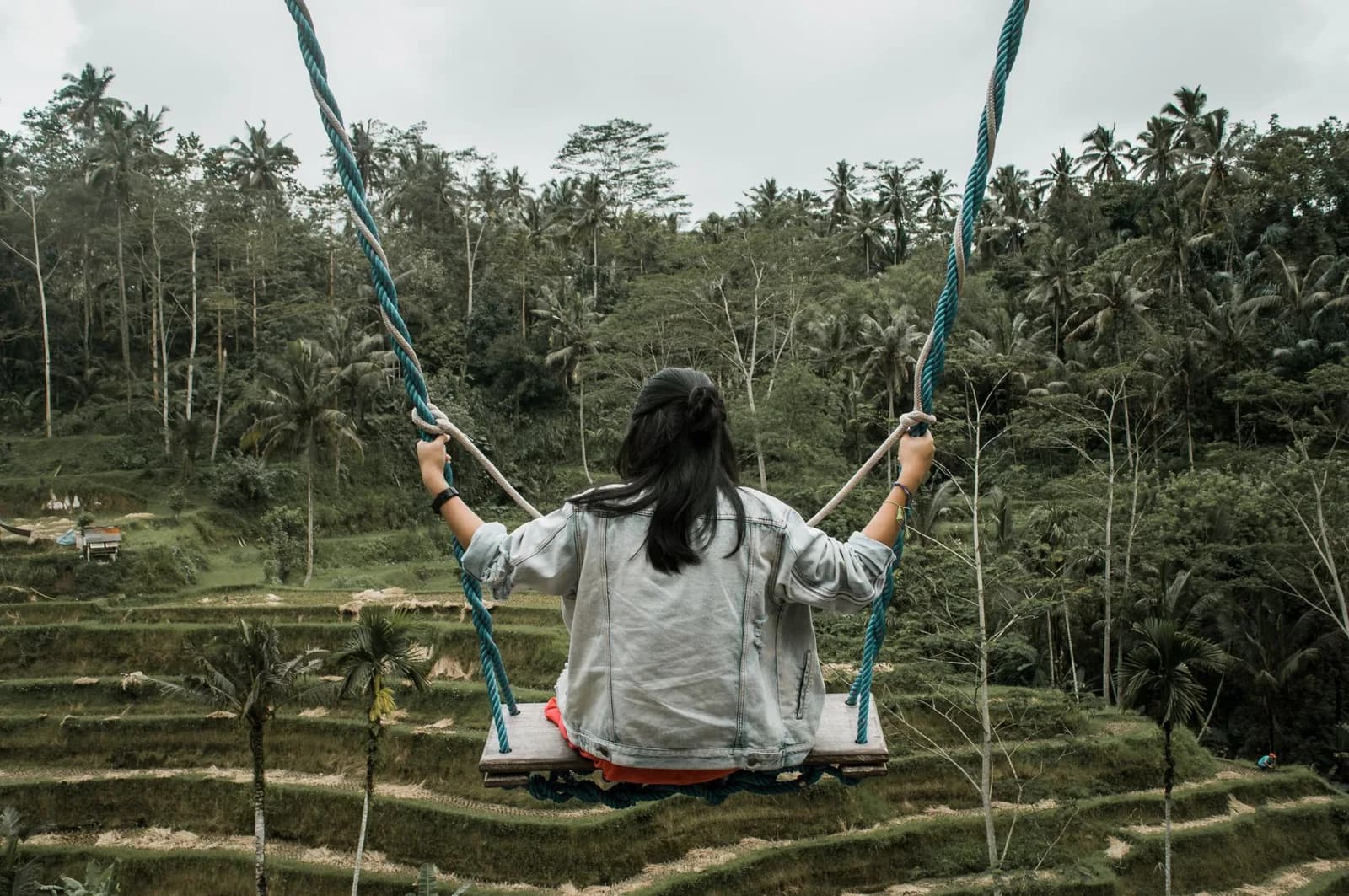 Femme sur une balançoire en planche de bois au-dessus des rizières et de la jungle près d'Ubud à Bali