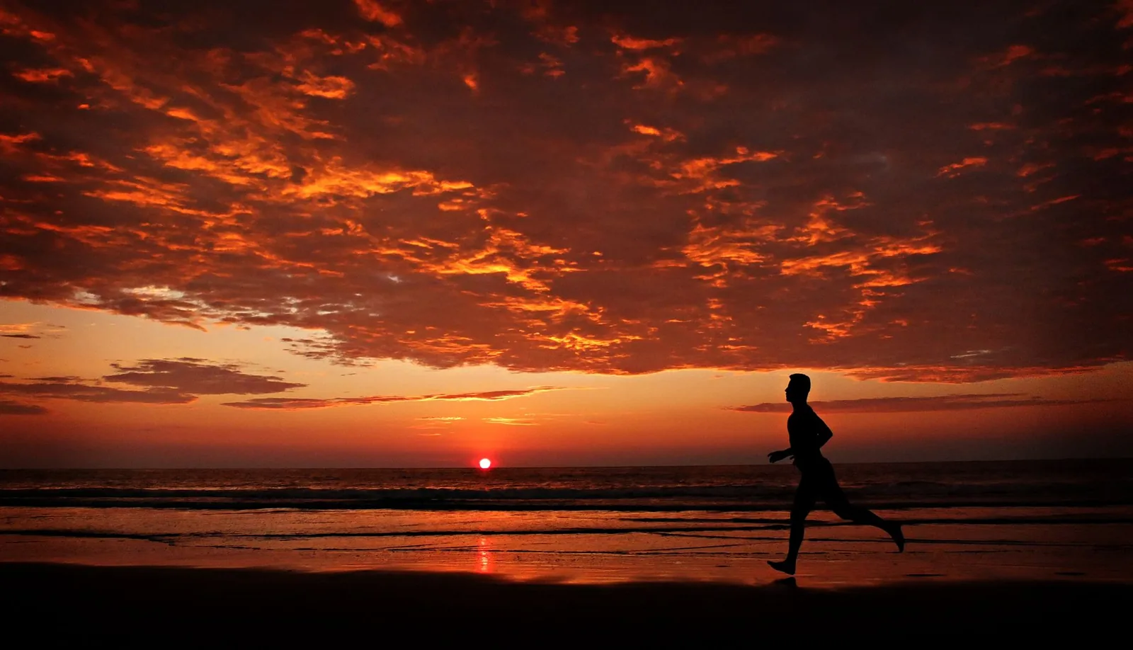 Silhouette d'un coureur au lever du soleil sous les tropiques, évoquant les courses matinales du run club de Canggu