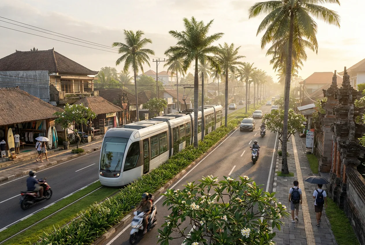 Vue d'artiste d'un tram circulant sur un couloir réservé au centre d'une avenue bordée de palmiers entre Kuta et Canggu à Bali