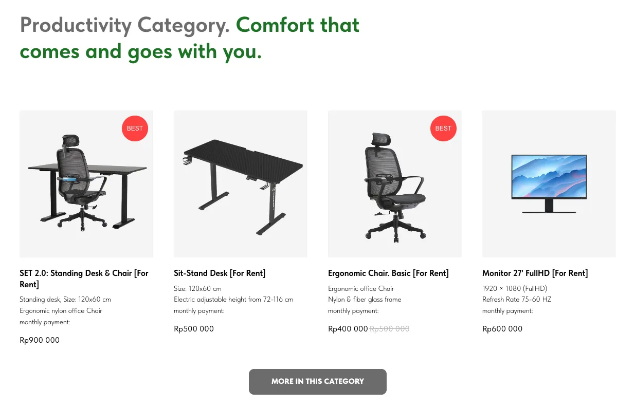 Catalogue Geko : standing desk, chaise ergonomique et écran à louer à Bali