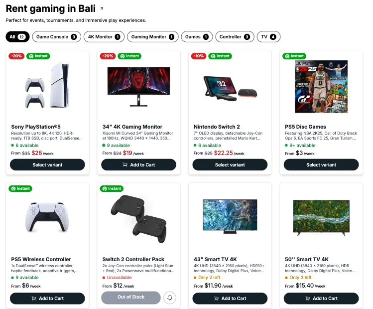Page gaming de Monis : PS5, manettes, écrans gaming et TV 4K à louer à Bali