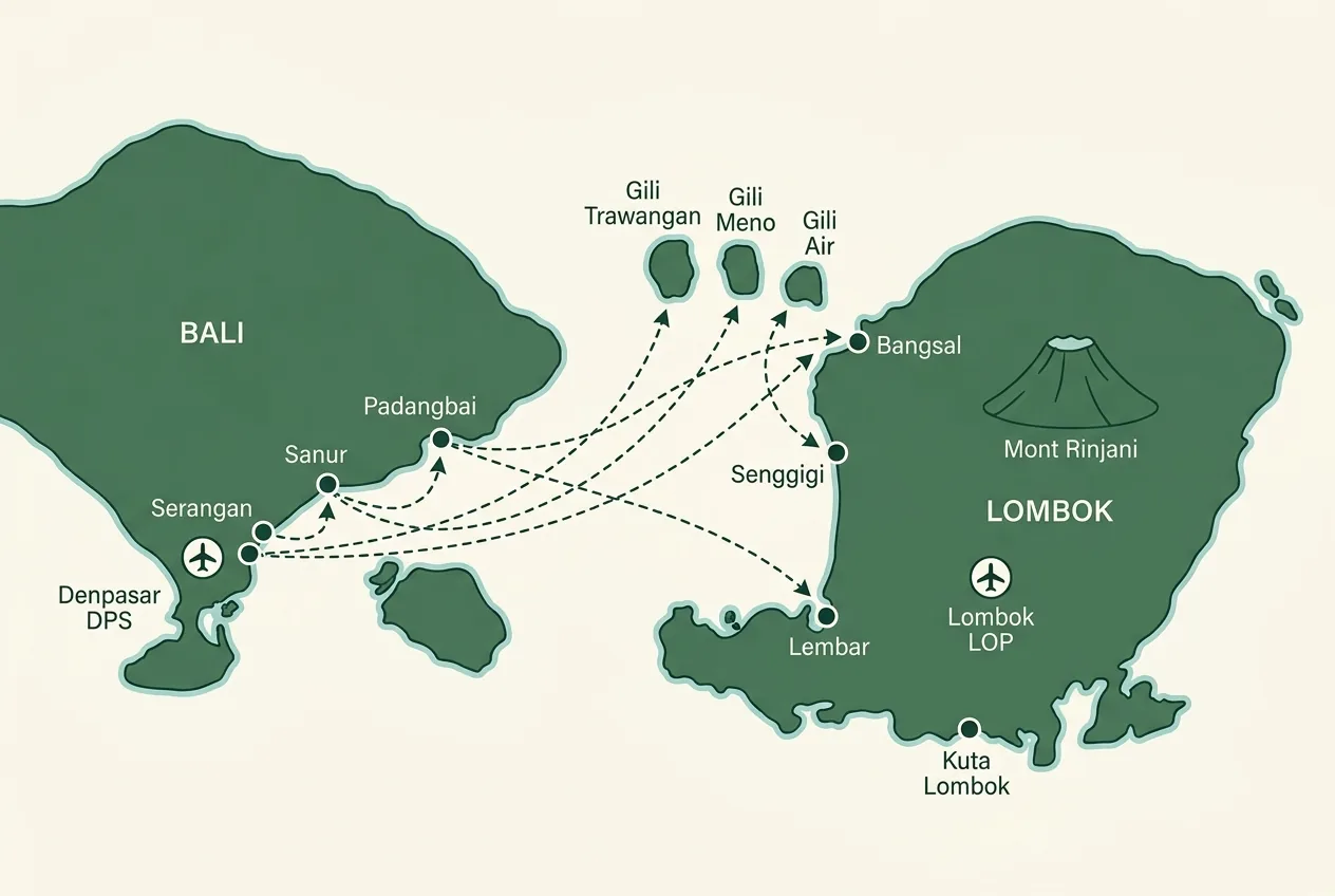 Carte des liaisons maritimes entre les ports de Bali (Serangan, Sanur, Padangbai) et Lombok, les îles Gili, Bangsal, Senggigi et Lembar